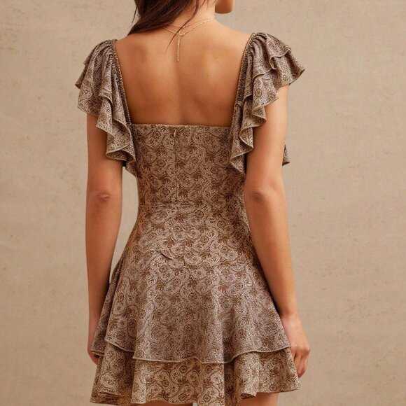 Brown Boho Women's Paisley Print Ruffle V Neck Mini Cowgirl Dress - Picture 5 of 5